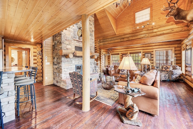 living room featuring rustic walls, high vaulted ceiling, hardwood / wood-style flooring, and wood ceiling