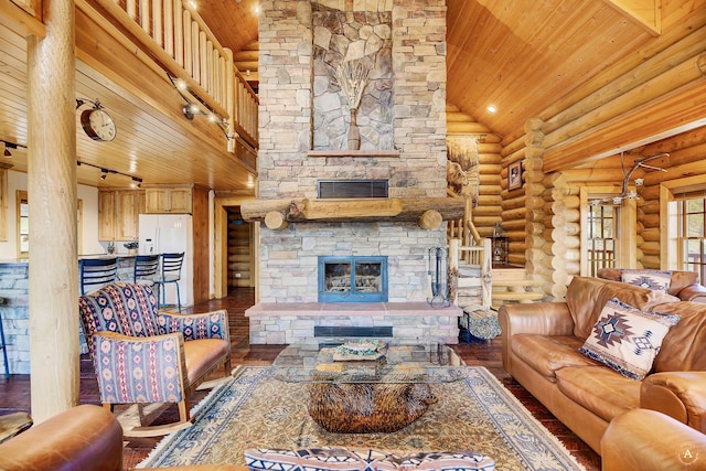 living room featuring wooden ceiling, wood-type flooring, a stone fireplace, high vaulted ceiling, and rustic walls