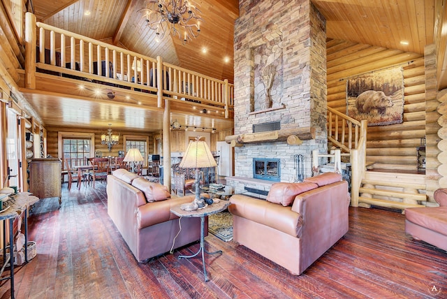 living room with a notable chandelier, hardwood / wood-style flooring, wood ceiling, high vaulted ceiling, and rustic walls