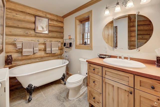 bathroom with toilet, tile flooring, vanity, a bathtub, and log walls