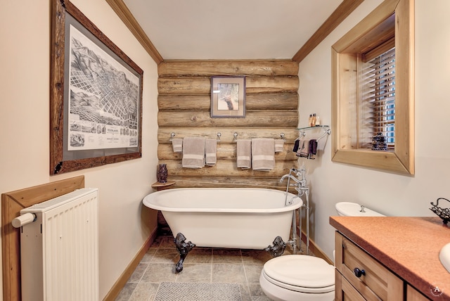 bathroom with a bath to relax in, tile floors, radiator heating unit, vanity, and toilet