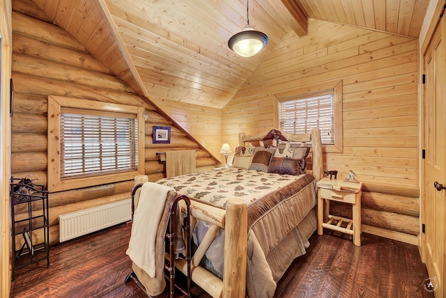 bedroom featuring hardwood / wood-style flooring, rustic walls, wooden ceiling, lofted ceiling, and radiator