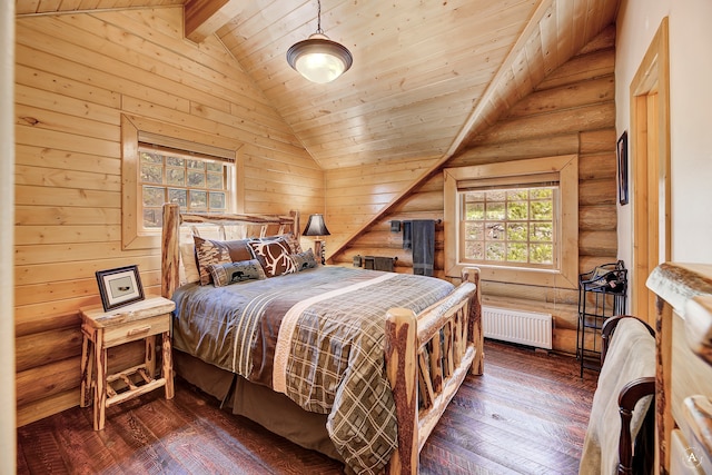 bedroom with wooden ceiling, wood-type flooring, lofted ceiling, and radiator