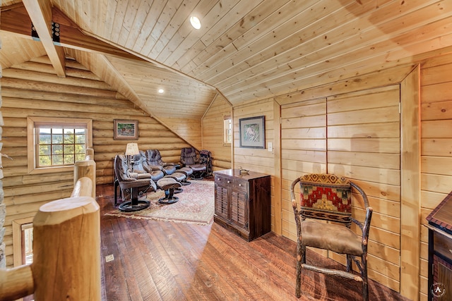 office space featuring wood-type flooring, rustic walls, wood ceiling, and vaulted ceiling