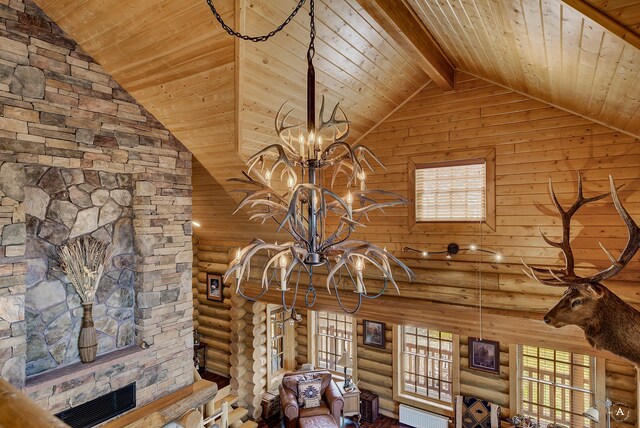 details featuring beam ceiling, a chandelier, rustic walls, and wooden ceiling