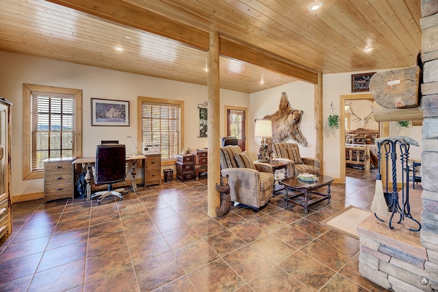 tiled living room featuring beam ceiling and wood ceiling