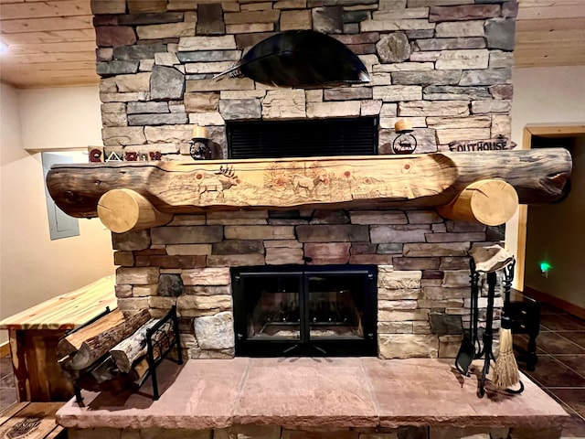 room details with tile flooring and a fireplace