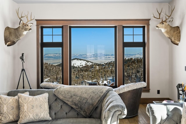 bedroom with a mountain view, wood-type flooring, and multiple windows