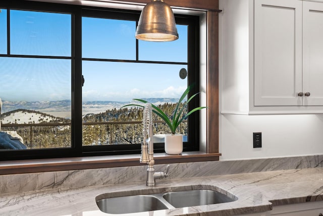 details with light stone counters, a sink, and white cabinetry