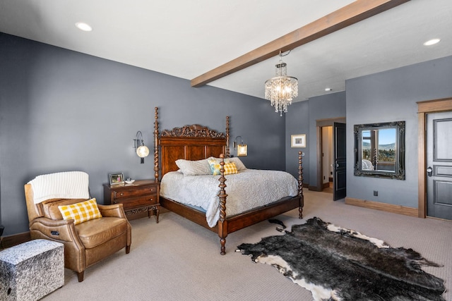 carpeted bedroom with beamed ceiling and an inviting chandelier