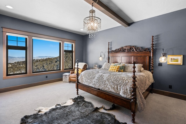 bedroom featuring baseboards, carpet floors, a chandelier, beam ceiling, and recessed lighting