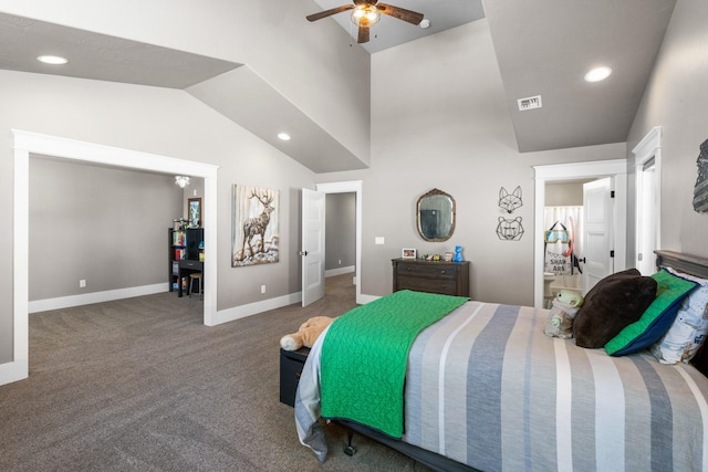 carpeted bedroom with recessed lighting, visible vents, ceiling fan, high vaulted ceiling, and baseboards