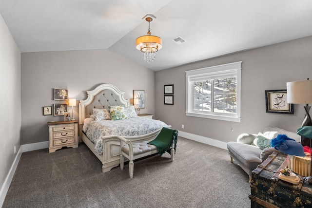 bedroom with baseboards, visible vents, lofted ceiling, an inviting chandelier, and dark carpet