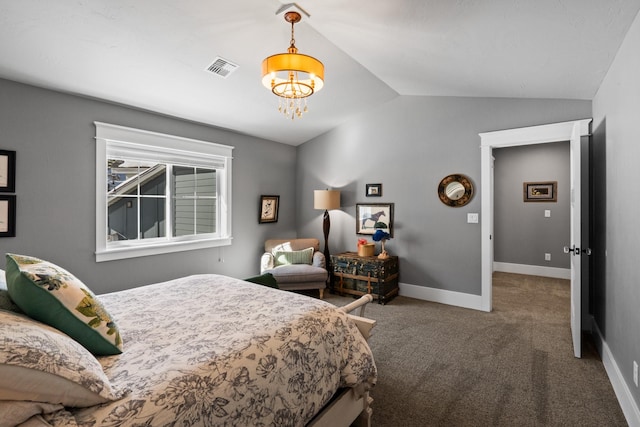 bedroom with a notable chandelier, carpet flooring, visible vents, baseboards, and vaulted ceiling