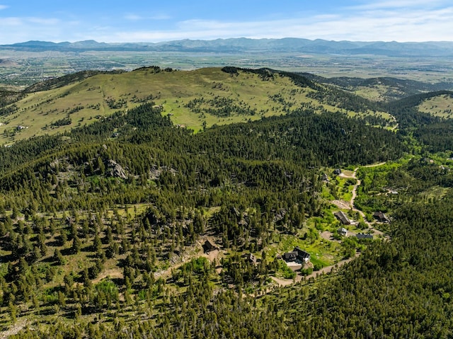 birds eye view of property featuring a mountain view and a forest view