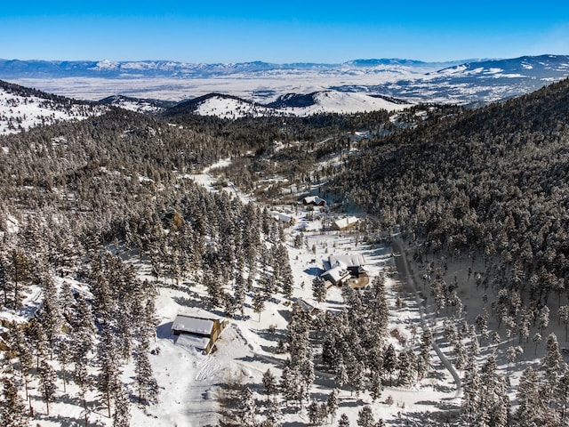 snowy aerial view featuring a mountain view