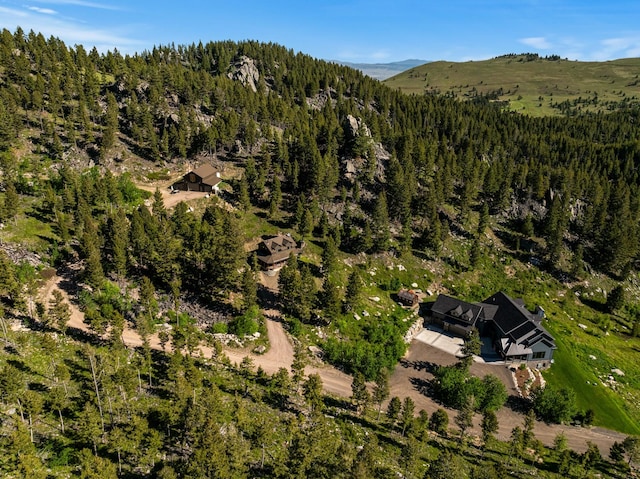 birds eye view of property featuring a wooded view and a mountain view