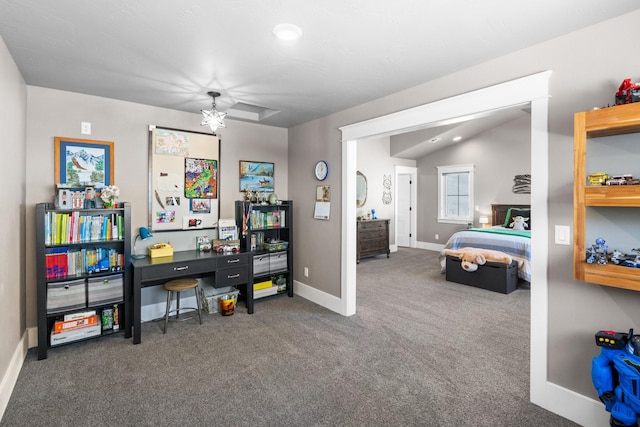 bedroom with vaulted ceiling, dark carpet, and baseboards