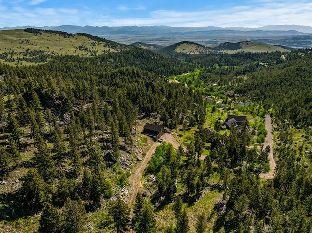 birds eye view of property featuring a forest view and a mountain view