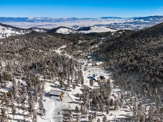 snowy aerial view with a mountain view