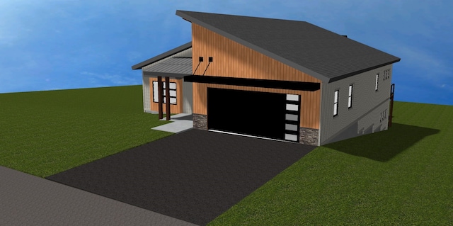 116 Golden Bear Dr, Bigfork, MT 59911 - contemporary house featuring stone siding and an outdoor structure
