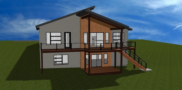 116 Golden Bear Dr, Bigfork, MT 59911 - back of property featuring stairs, a wooden deck, and a lawn