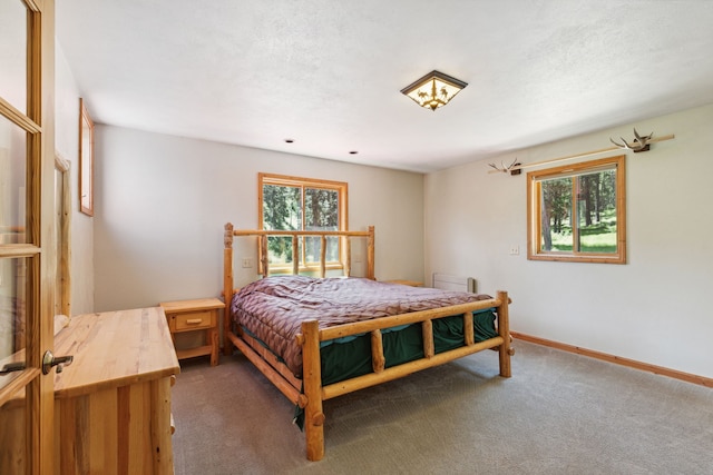 bedroom with dark colored carpet and multiple windows