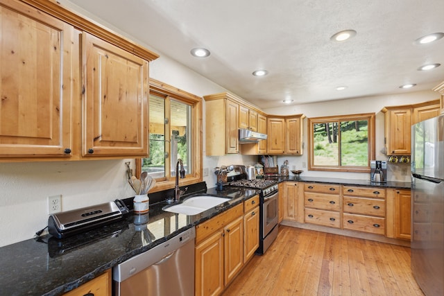 kitchen featuring dark stone countertops, appliances with stainless steel finishes, plenty of natural light, and light wood-type flooring