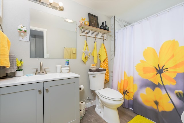 bathroom featuring toilet, vanity, wood-type flooring, and walk in shower