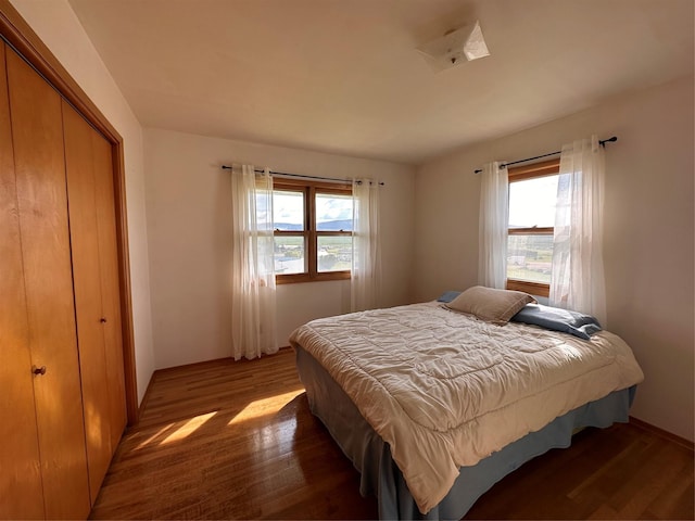 bedroom with a closet and wood finished floors