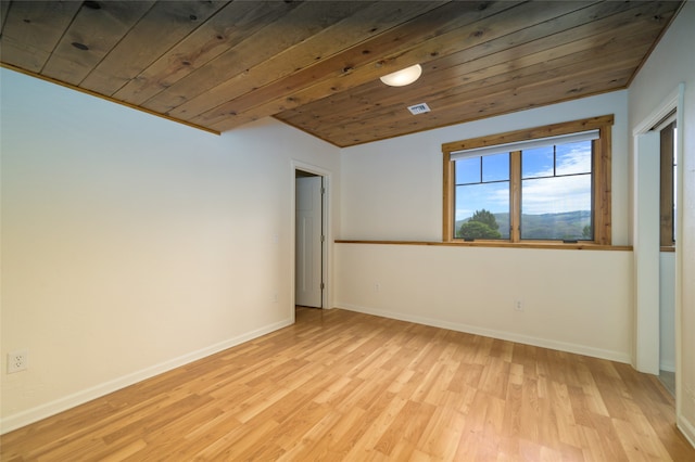 spare room with wood ceiling and light wood-type flooring