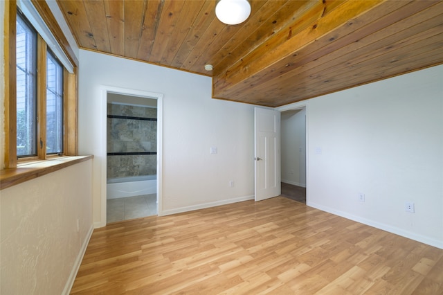 empty room with wooden ceiling and light hardwood / wood-style flooring