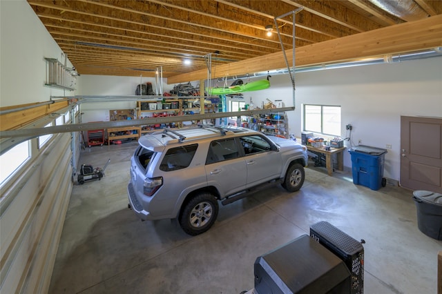 garage with a workshop area