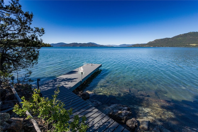 view of dock featuring a water and mountain view