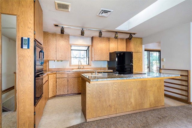 kitchen featuring a wealth of natural light, track lighting, light colored carpet, and black appliances