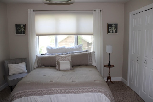 bedroom with carpet flooring and a closet