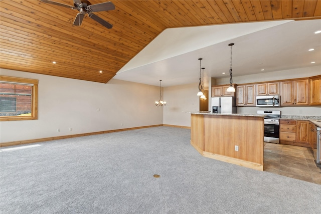 kitchen featuring stainless steel appliances, a spacious island, light colored carpet, hanging light fixtures, and open floor plan