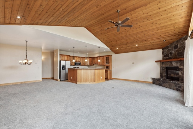 unfurnished living room with wooden ceiling, a fireplace, baseboards, and ceiling fan with notable chandelier