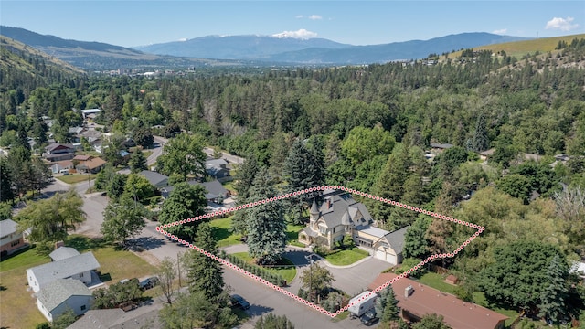 aerial view with a forest view and a mountain view