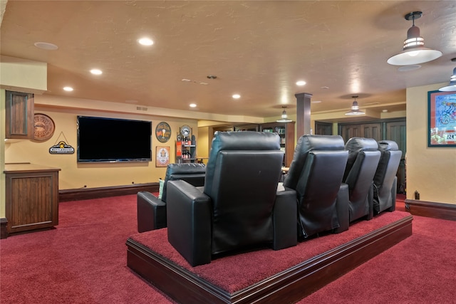 carpeted cinema room with baseboards, visible vents, and recessed lighting