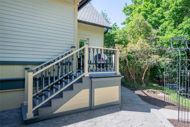 view of patio / terrace featuring stairway