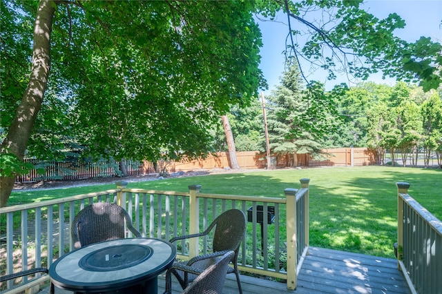 wooden terrace featuring an outdoor fire pit, a fenced backyard, and a lawn