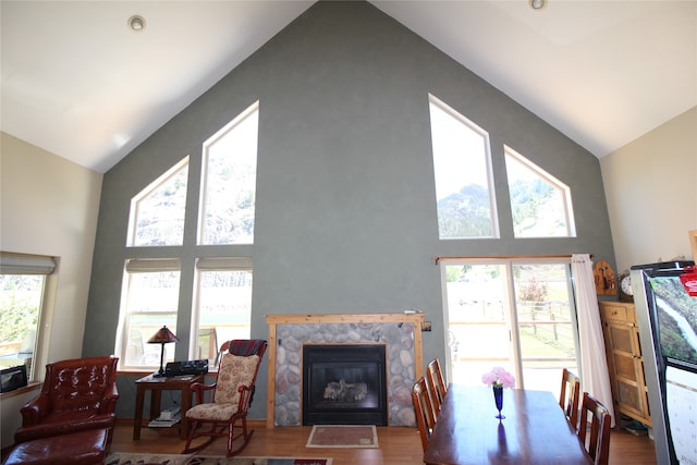 living room with high vaulted ceiling, plenty of natural light, and hardwood / wood-style flooring