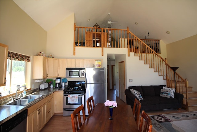 kitchen featuring light brown cabinets, stainless steel appliances, wood finished floors, and a sink