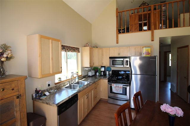 kitchen with stainless steel appliances, a sink, high vaulted ceiling, and light brown cabinetry