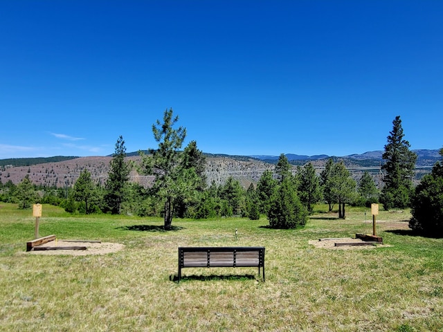 view of property's community featuring a lawn and a mountain view