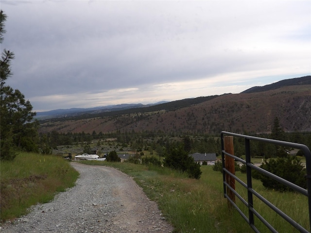 view of street featuring a rural view, a gated entry, and a mountain view
