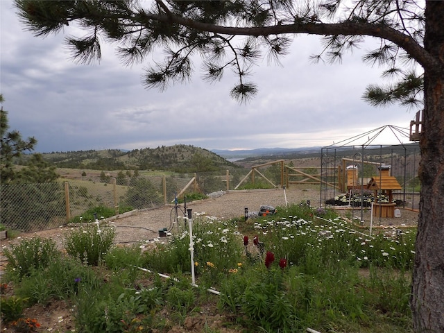 view of yard with fence and a mountain view