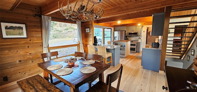 dining room featuring wooden ceiling, wooden walls, stairs, light wood finished floors, and beamed ceiling