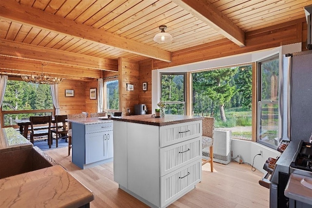 kitchen with butcher block counters, light wood-style floors, white cabinets, a kitchen island, and wooden walls